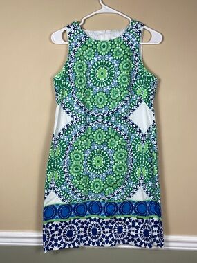 London Times Women’s Geometric Pattern Green Blue White Tank Shift Dress
